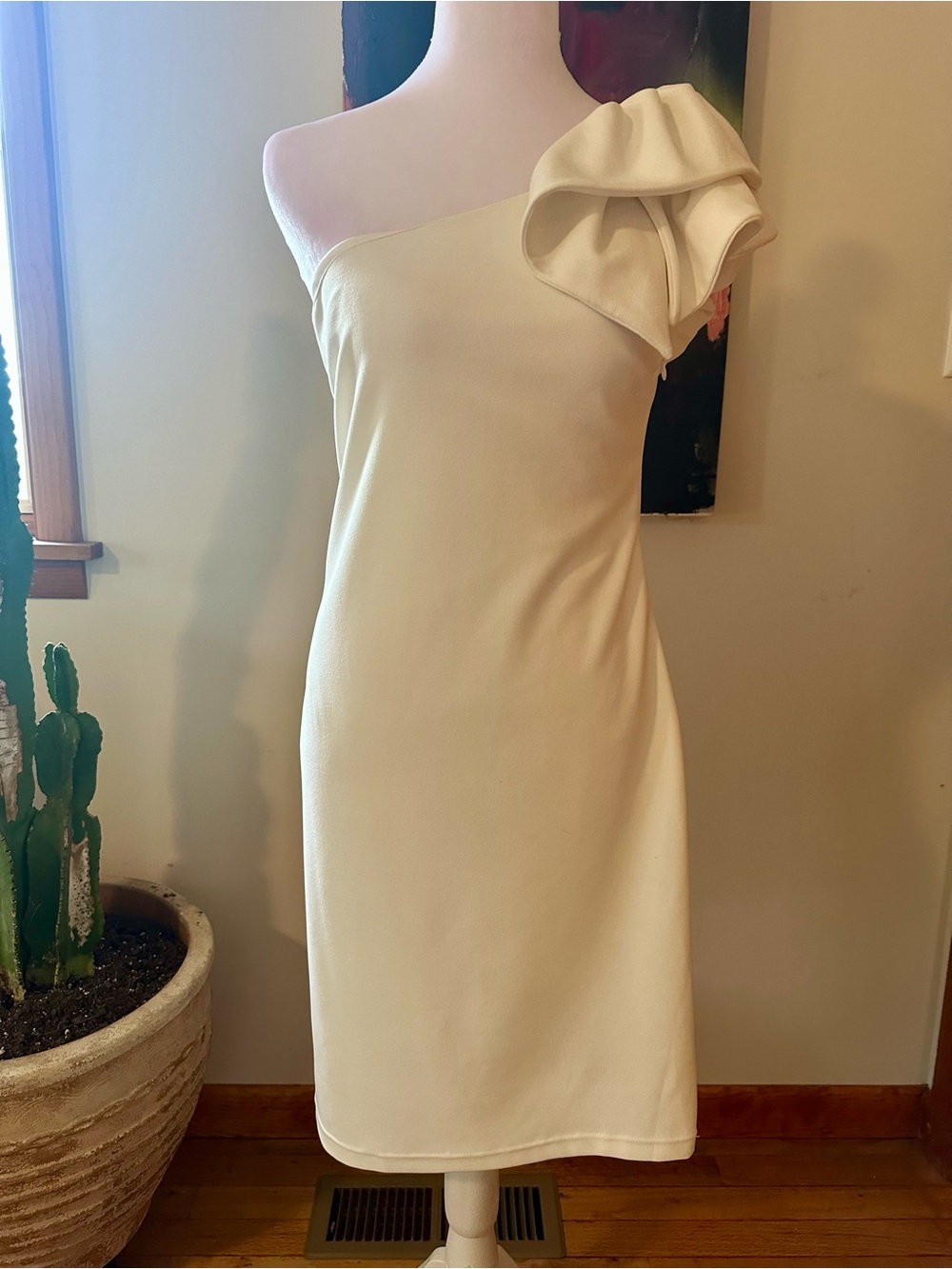 She + Sky One-Shoulder Cream Dress with Rosette Shoulder
